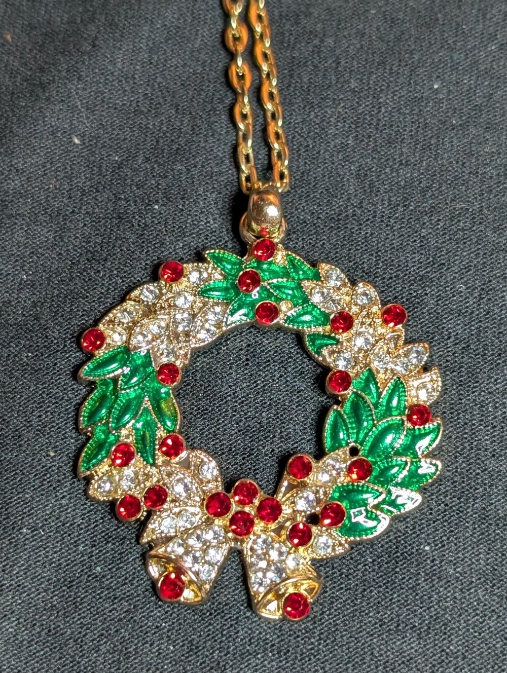 Gold-tone Holiday Wreath Pendant Necklace with Green and Red Accents